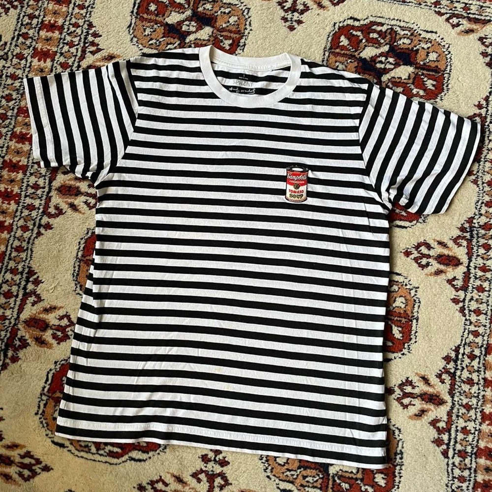 B&W Striped Campbell Soup Patch T Shirt